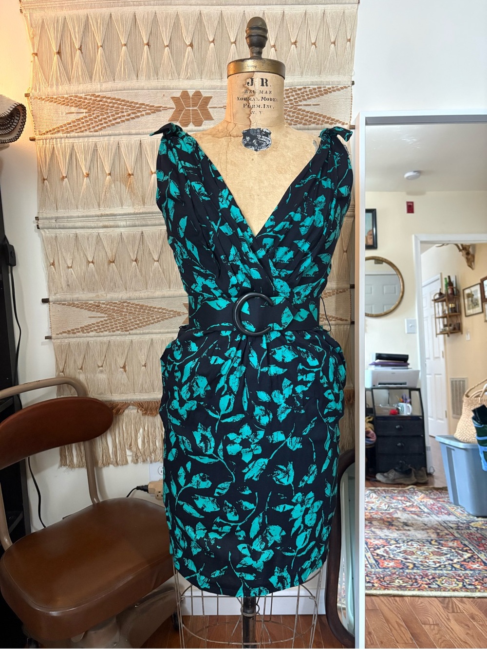 Teal Floral V-Neck Midi Dress with Belt
